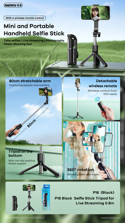 Statyw Selfie Stick do transmisji na żywo 0,8 m P16 - Czarny