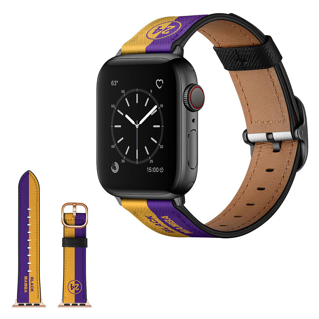 Stylowy skórzany pasek do zegarka Apple Watch Series 6 / 5 44 mm - Żółty + Fioletowe Paski